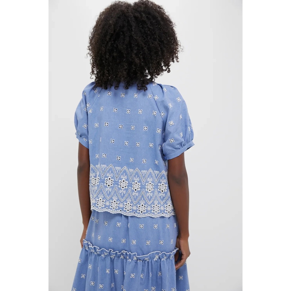 Tuckernuck Chambray Embroidered Top NWT Sz M Puff Sleeve Preppy Modest Cottage - Picture 9 of 11